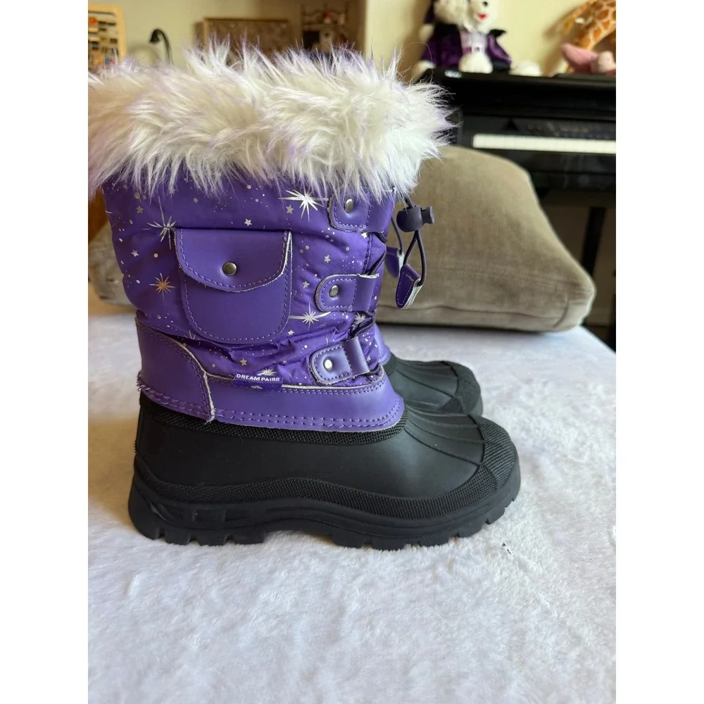 Dream Pairs Girls Purple Silver Star Insulated Snow Boots Faux Fur Size 2 Kids